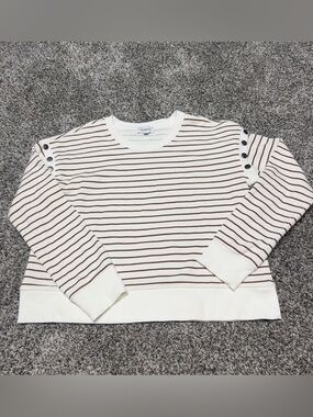 Evereve Crewneck Striped Knit Top in Cream and Brown Shoulder buttons Large